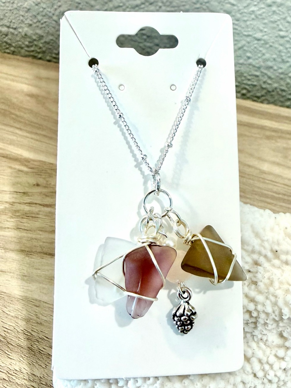 137. Sea Glass Cluster Pendant Necklace with pine cone charm